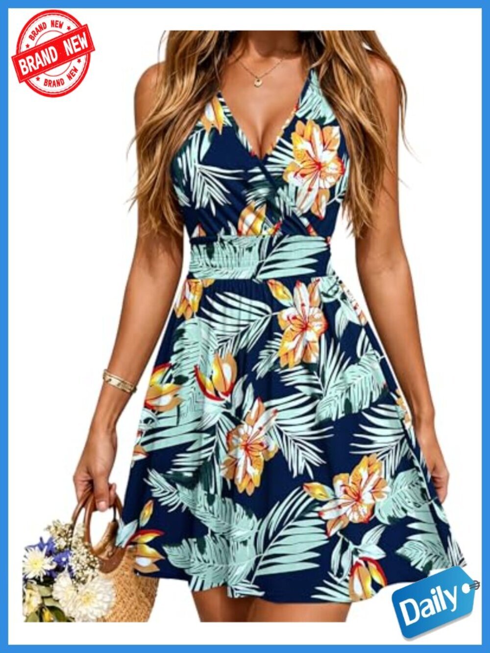 V Neck Wrap A-Line Mini Dress with Pockets Sleeveless Smocked Tiered Floral